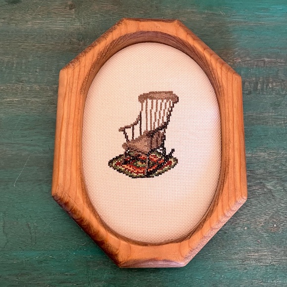Framed Needlepoint of Rocking Chair on Rug | Wood Frame | 7” T, 5-1/4” W - Picture 3 of 9